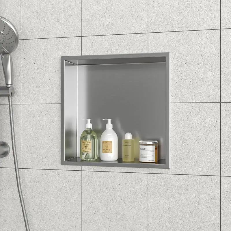 12"x12" Stainless Steel Shower Niche, Brushed Nickel Finish, Wall Mountable Storage Corner for Bathroom Shower Accessories