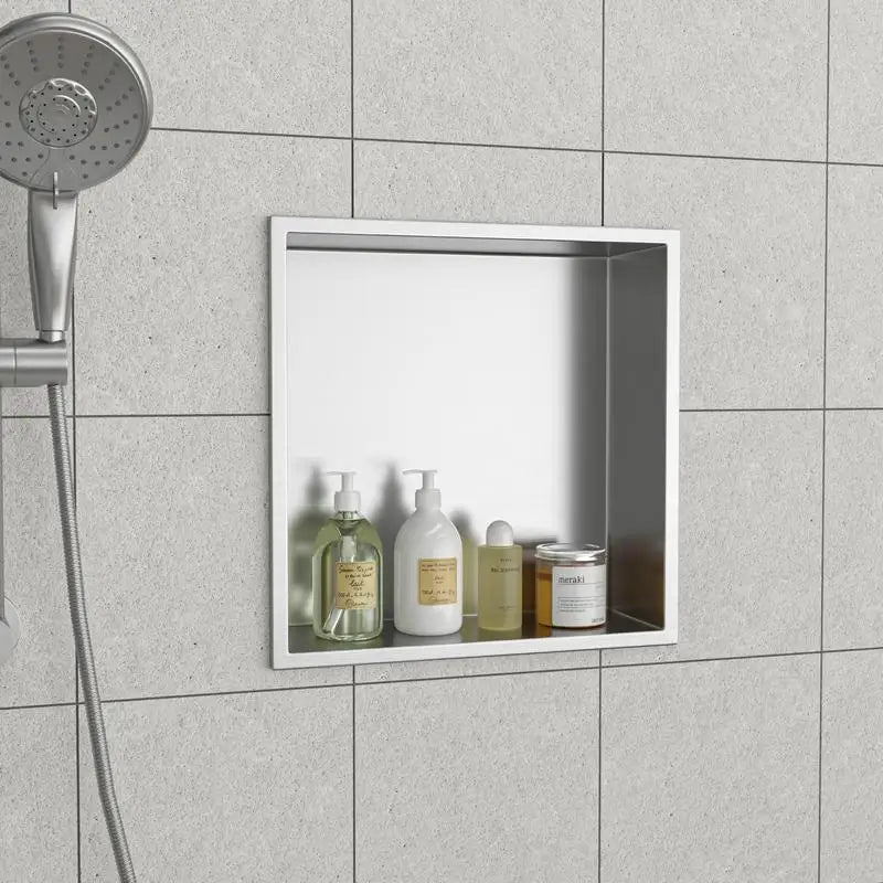 12"x12" Stainless Steel Shower Niche, Brushed Nickel Finish, Wall Mountable Storage Corner for Bathroom Shower Accessories