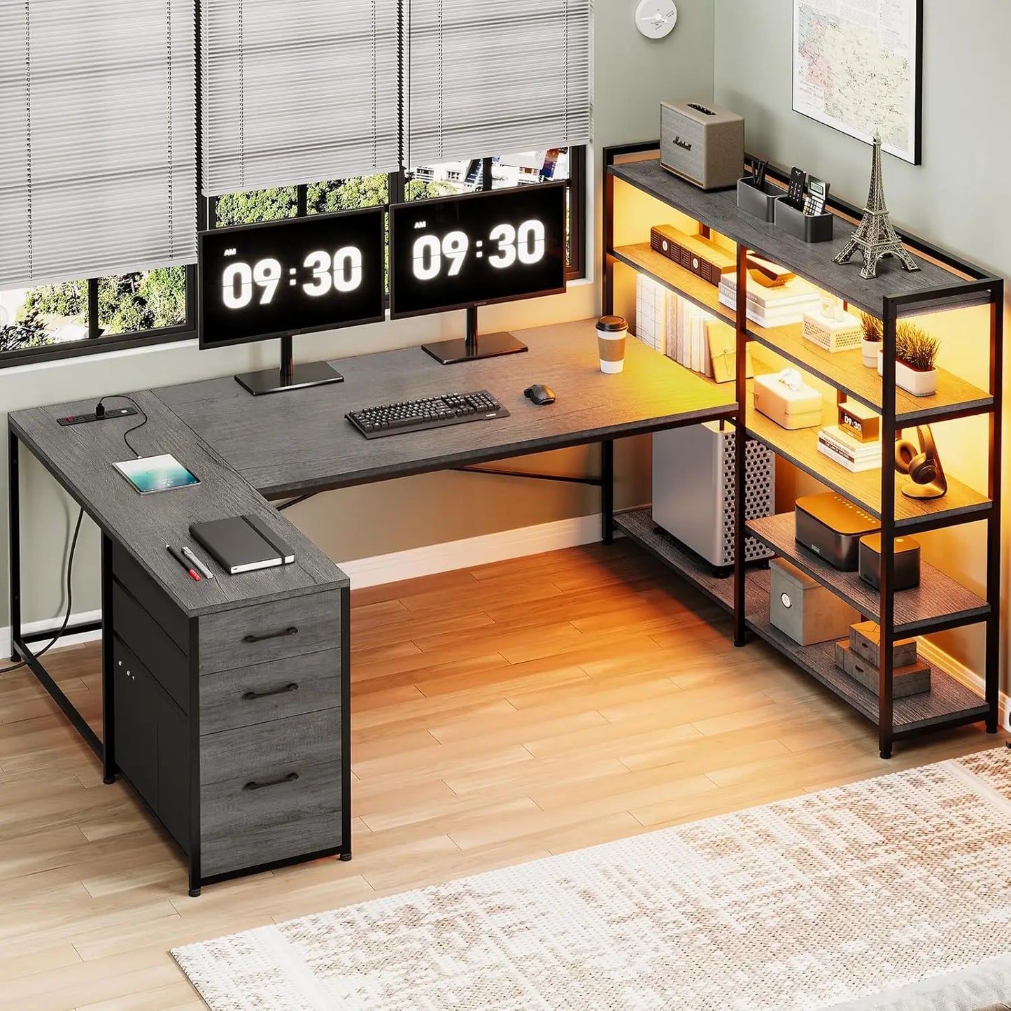 U SHAPED OFFICE DESK AND POWER OUTLET OR CORNER GAMING DESK WITH LED LIGHTS