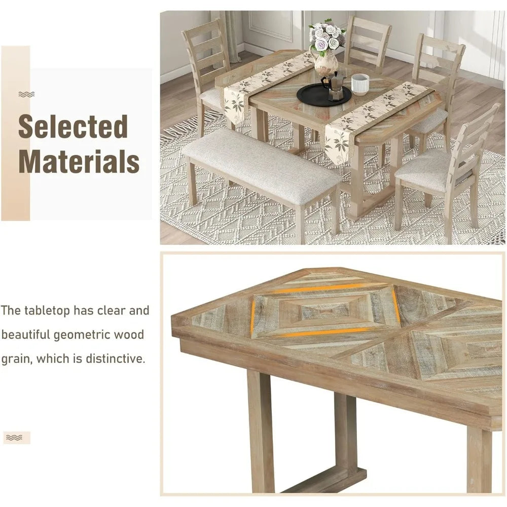 6-Piece Dining Table Set for 6 Rectangular Dining Table Set with 4 Chairs & Bench Solid Wood Dining Set with Wood Grain Pattern
