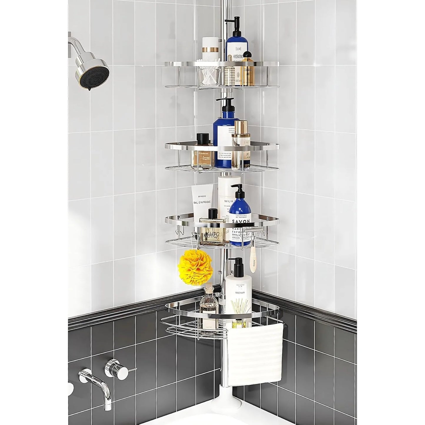 Rustproof Shower Corner Caddy Organizer for Bathroom 4Adjustable Shelves with Tension Pole for Bathtub Shampoo Accessories