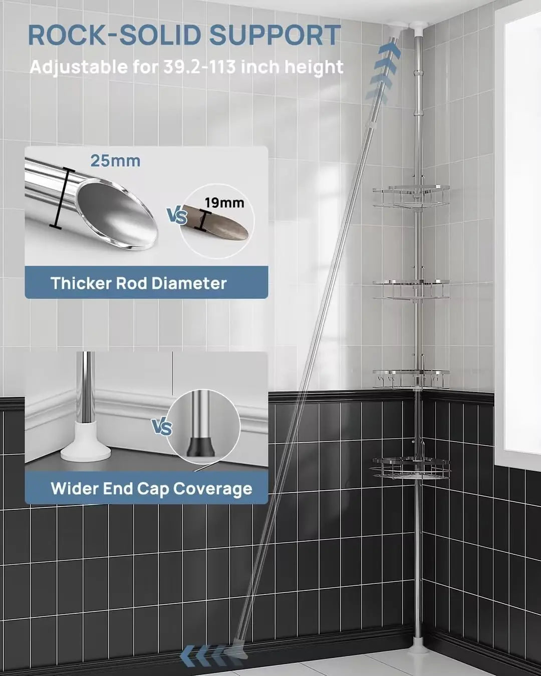 Rustproof Shower Corner Caddy Organizer for Bathroom 4Adjustable Shelves with Tension Pole for Bathtub Shampoo Accessories