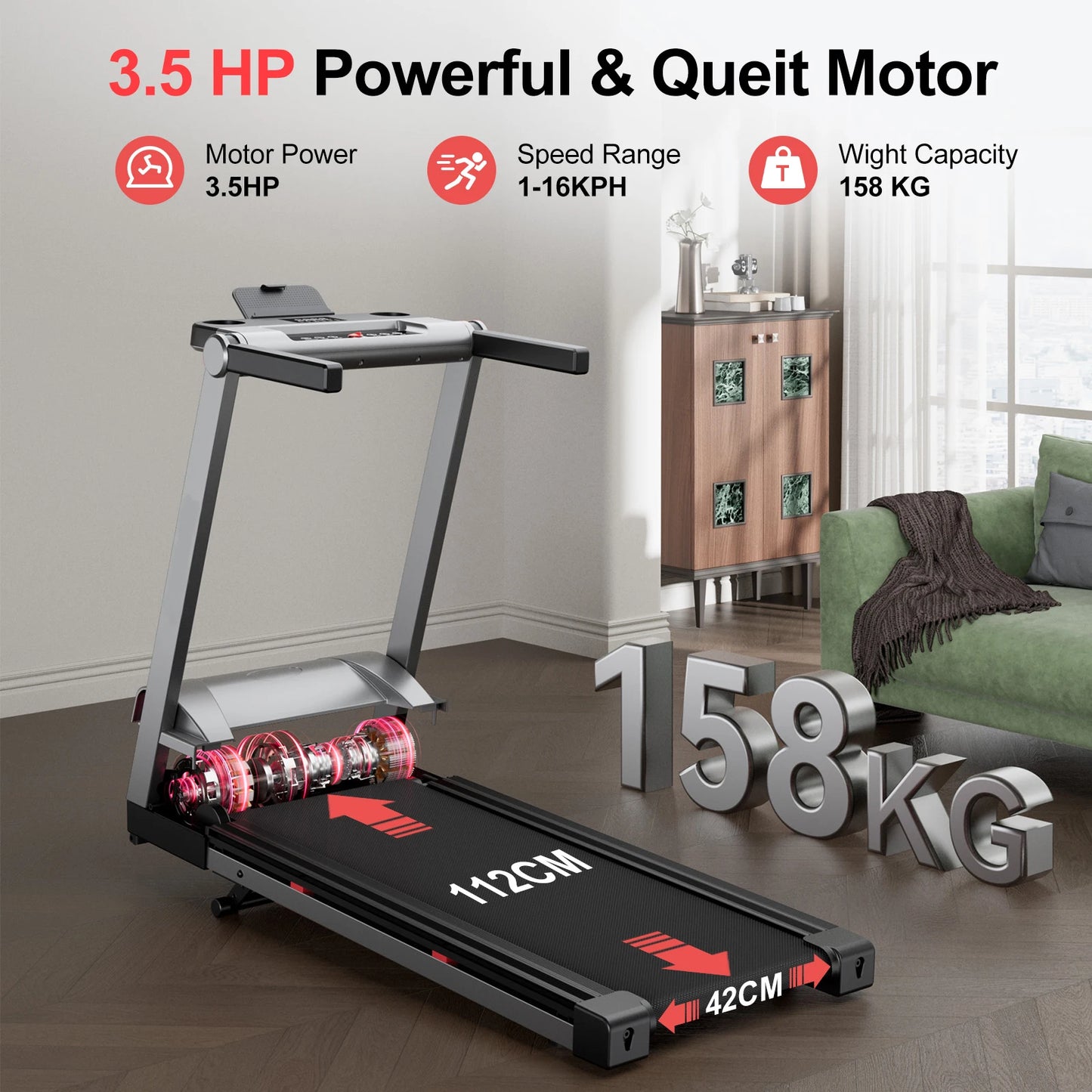 3.5HP Foldable Incline Home Treadmill 350LBS Capacity Touch Screen Smart App Data Monitoring
