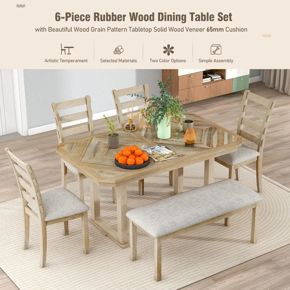 6-Piece Dining Table Set for 6 Rectangular Dining Table Set with 4 Chairs & Bench Solid Wood Dining Set with Wood Grain Pattern