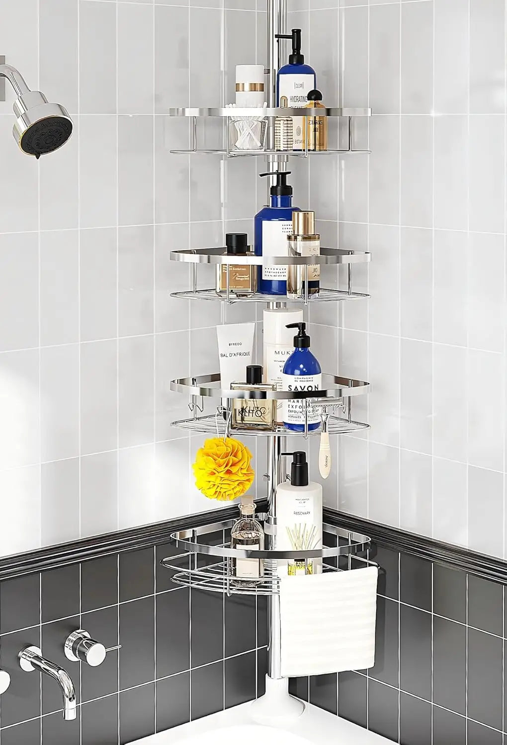 Rustproof Shower Corner Caddy Organizer for Bathroom 4Adjustable Shelves with Tension Pole for Bathtub Shampoo Accessories