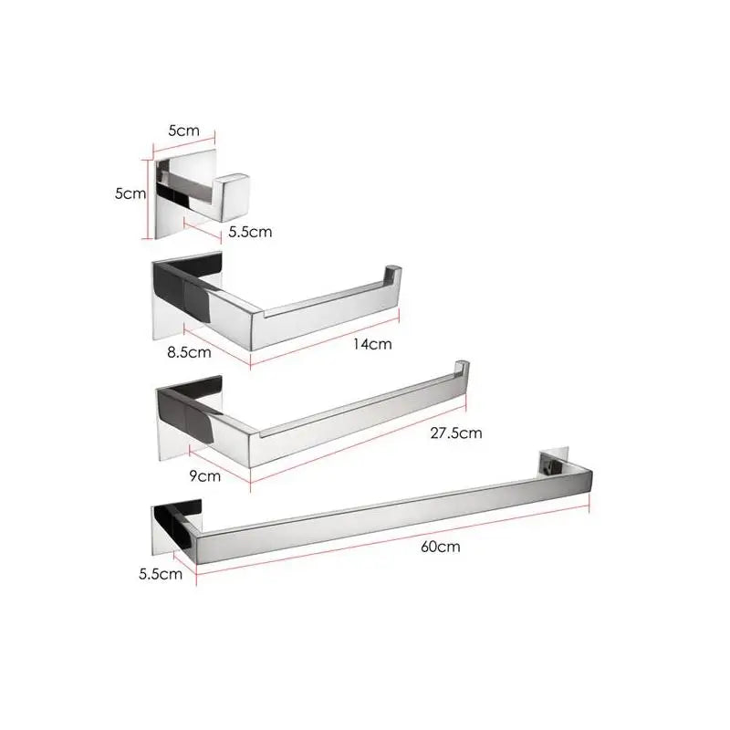 Strong Viscosity Adhesive 4-Piece Bathroom Accessories Set No Drill Silver Brushed Towel Bar Holder Rack Robe Hook Tissue