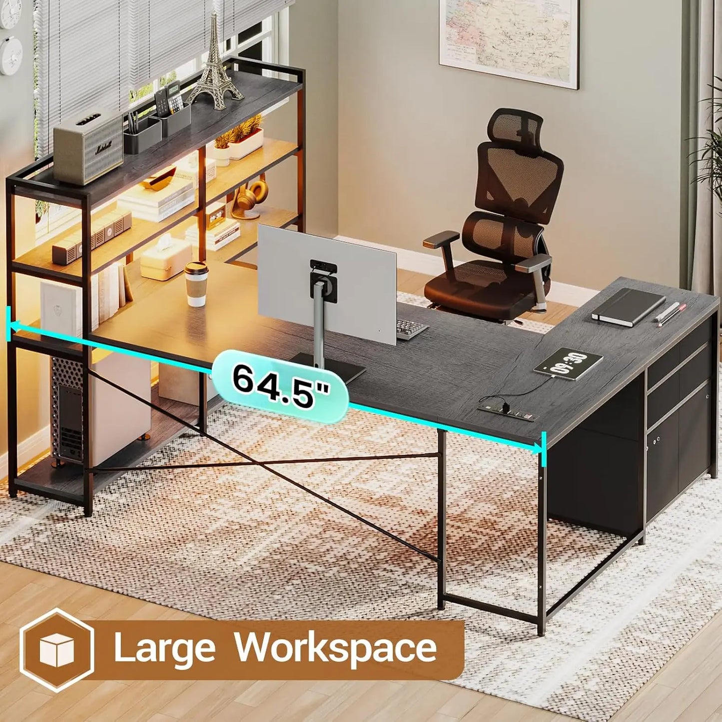 U SHAPED OFFICE DESK AND POWER OUTLET OR CORNER GAMING DESK WITH LED LIGHTS