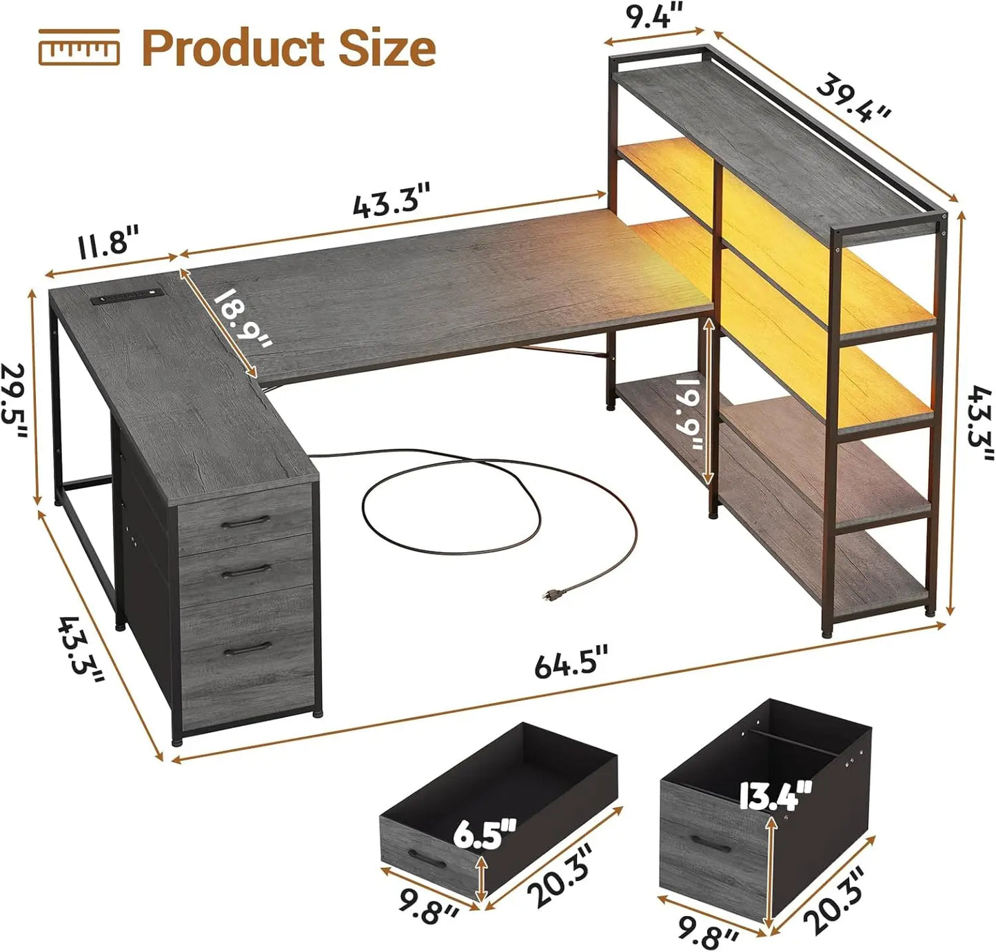 U SHAPED OFFICE DESK AND POWER OUTLET OR CORNER GAMING DESK WITH LED LIGHTS