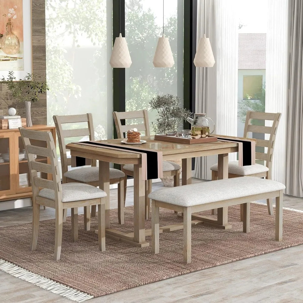 6-Piece Dining Table Set for 6 Rectangular Dining Table Set with 4 Chairs & Bench Solid Wood Dining Set with Wood Grain Pattern