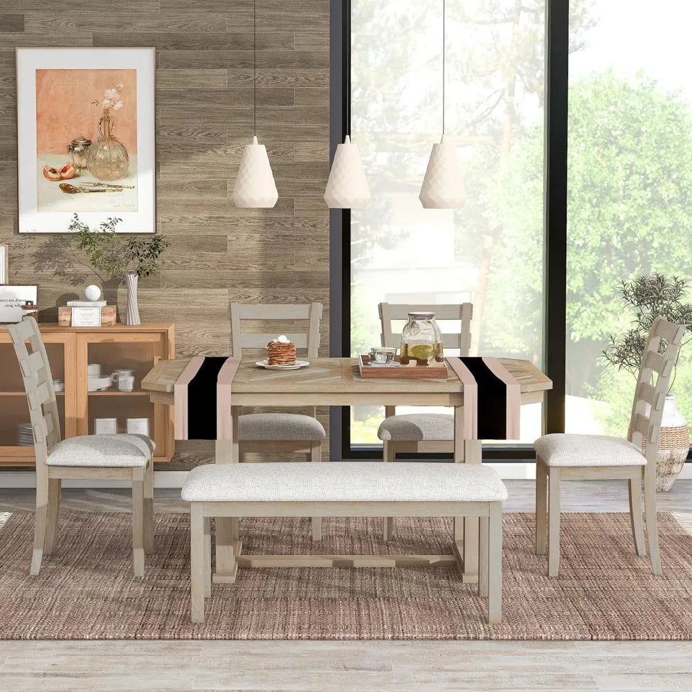 6-Piece Dining Table Set for 6 Rectangular Dining Table Set with 4 Chairs & Bench Solid Wood Dining Set with Wood Grain Pattern