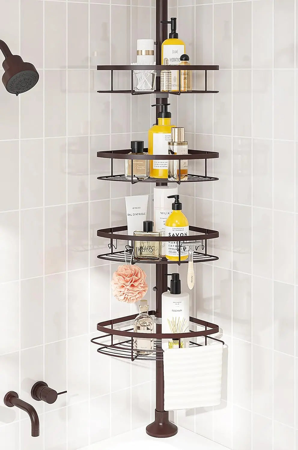 Rustproof Shower Corner Caddy Organizer for Bathroom 4Adjustable Shelves with Tension Pole for Bathtub Shampoo Accessories