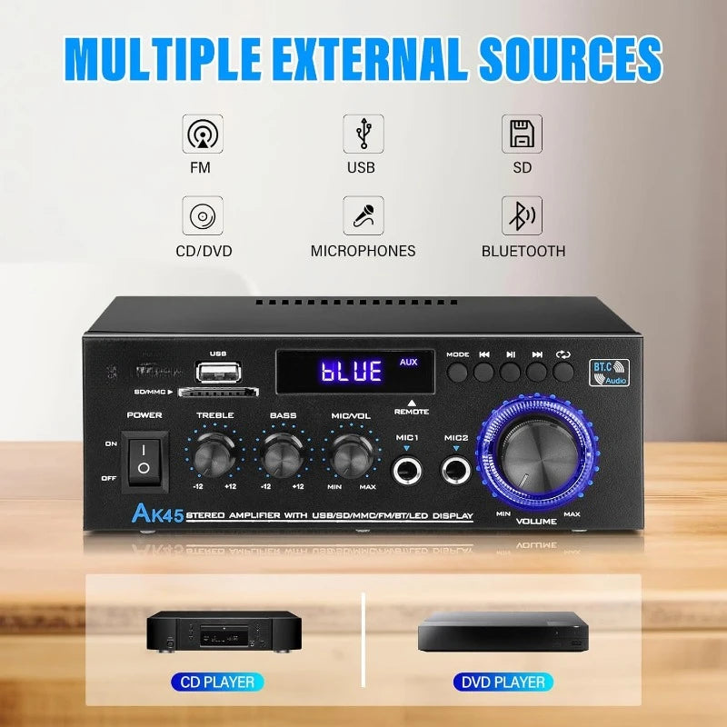 AK45 Stereo Audio Amplifier, 40W Wireless Bluetooth