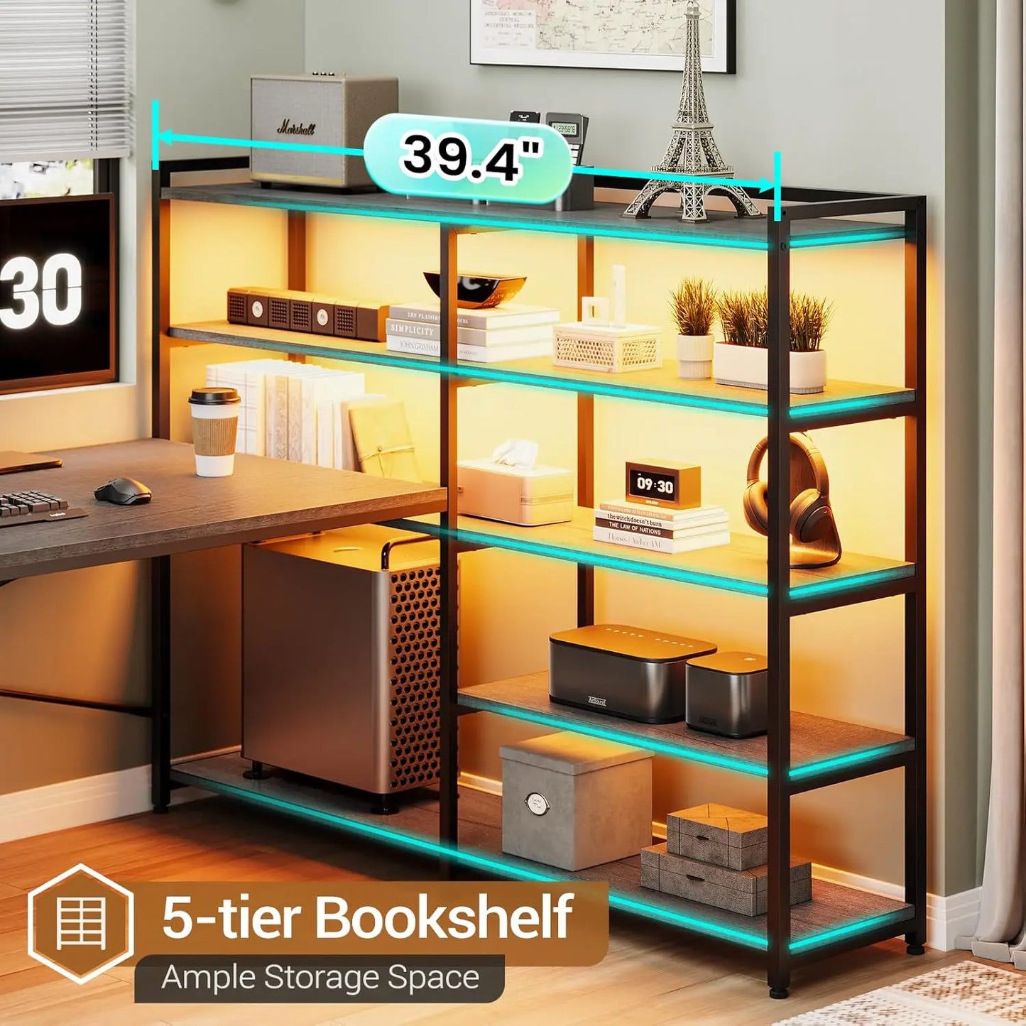 U SHAPED OFFICE DESK AND POWER OUTLET OR CORNER GAMING DESK WITH LED LIGHTS