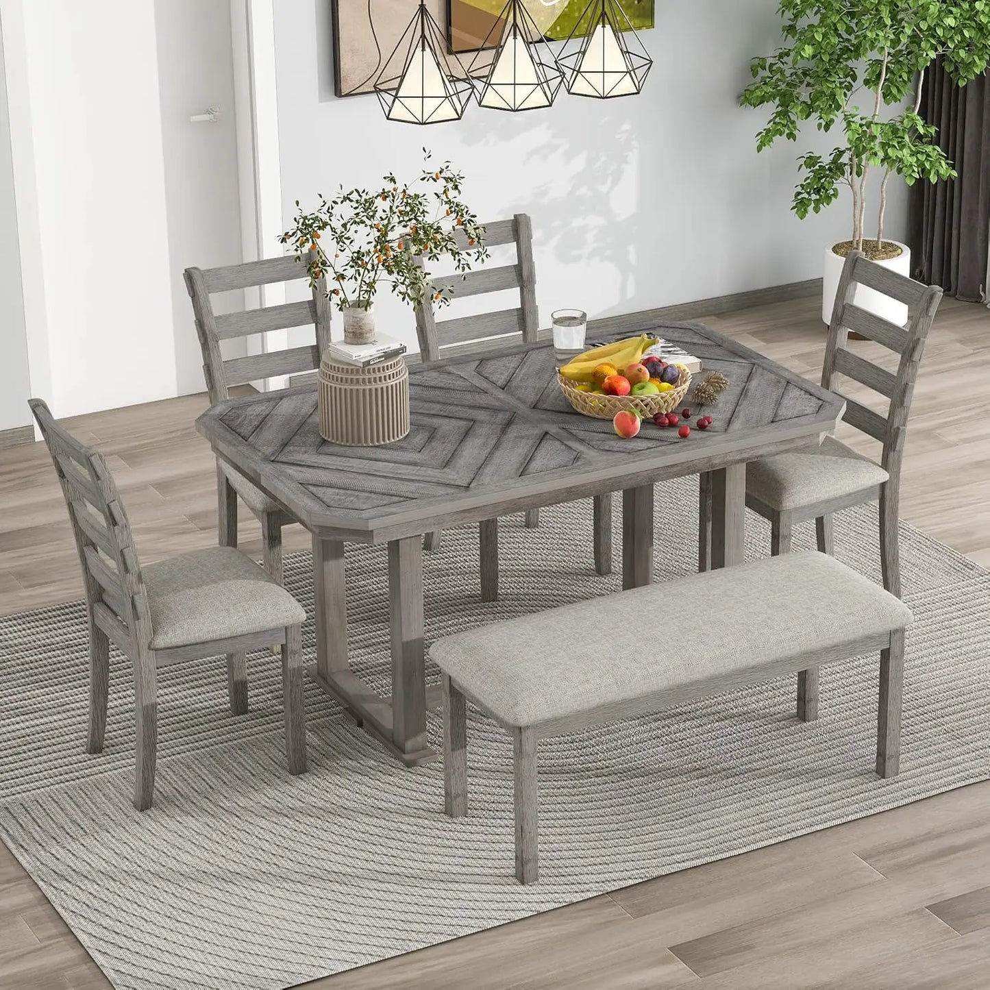 6-Piece Dining Table Set for 6 Rectangular Dining Table Set with 4 Chairs & Bench Solid Wood Dining Set with Wood Grain Pattern