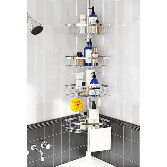 Rustproof Shower Corner Caddy Organizer for Bathroom 4Adjustable Shelves with Tension Pole  for Bathtub Shampoo Accessories