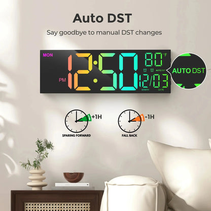 16" Digital Wall Clock, Alarm Clock, 8 Colors and Timer
