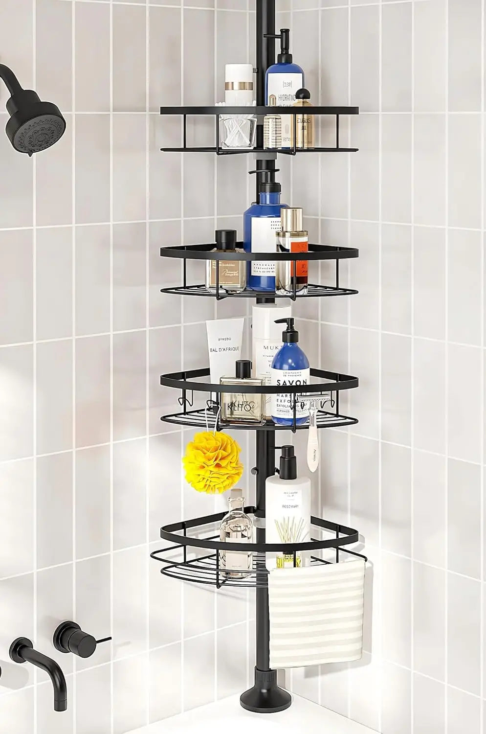 Rustproof Shower Corner Caddy Organizer for Bathroom 4Adjustable Shelves with Tension Pole  for Bathtub Shampoo Accessories