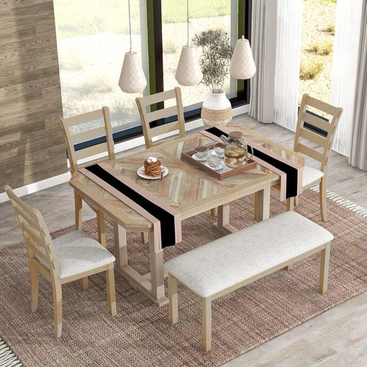 6-Piece Dining Table Set for 6 Rectangular Dining Table Set with 4 Chairs & Bench Solid Wood Dining Set with Wood Grain Pattern