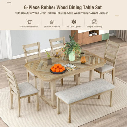 6-Piece Dining Table Set for 6 Rectangular Dining Table Set with 4 Chairs & Bench Solid Wood Dining Set with Wood Grain Pattern