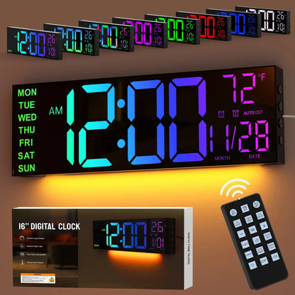 16" Digital Wall Clock, Alarm Clock, 8 Colors and Timer