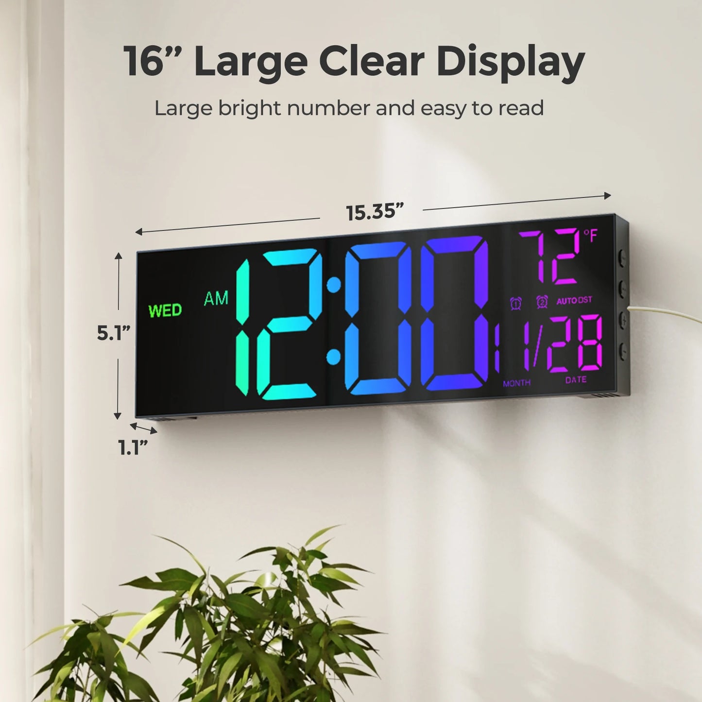 16" Digital Wall Clock, Alarm Clock, 8 Colors and Timer