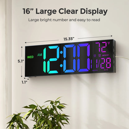 16" Digital Wall Clock, Alarm Clock, 8 Colors and Timer