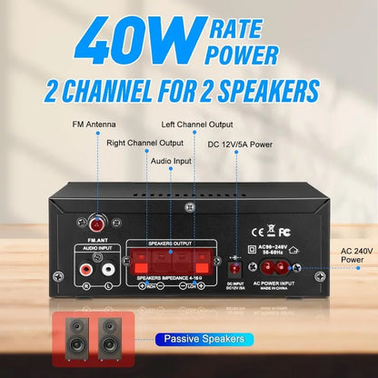 AK45 Stereo Audio Amplifier, 40W  Wireless Bluetooth