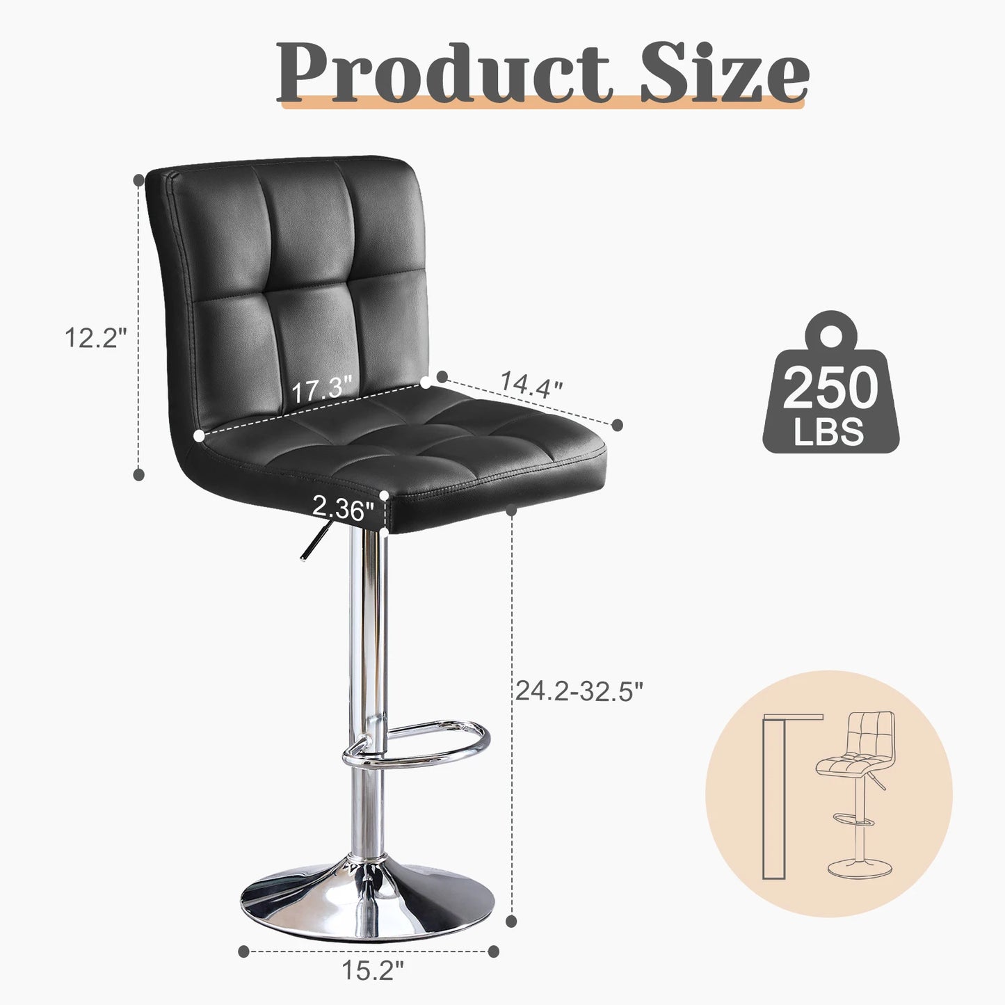 2 Leather Upholstered Bar Stools,  Comfortbale Backrest