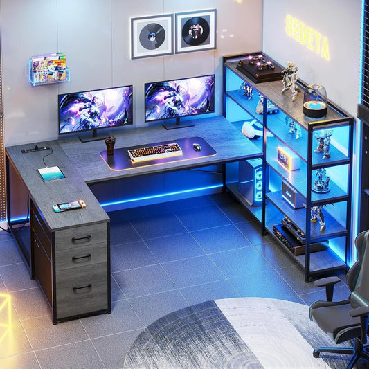 U SHAPED OFFICE DESK AND POWER OUTLET OR CORNER GAMING DESK WITH LED LIGHTS