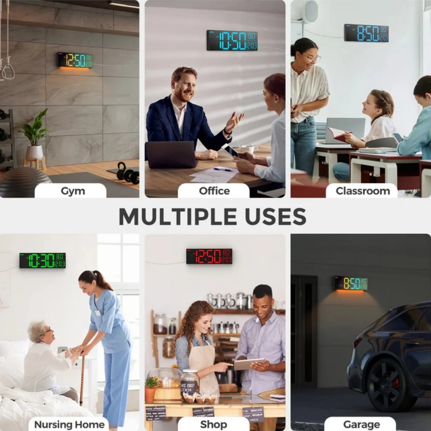 16" Digital Wall Clock, Alarm Clock, 8 Colors and Timer