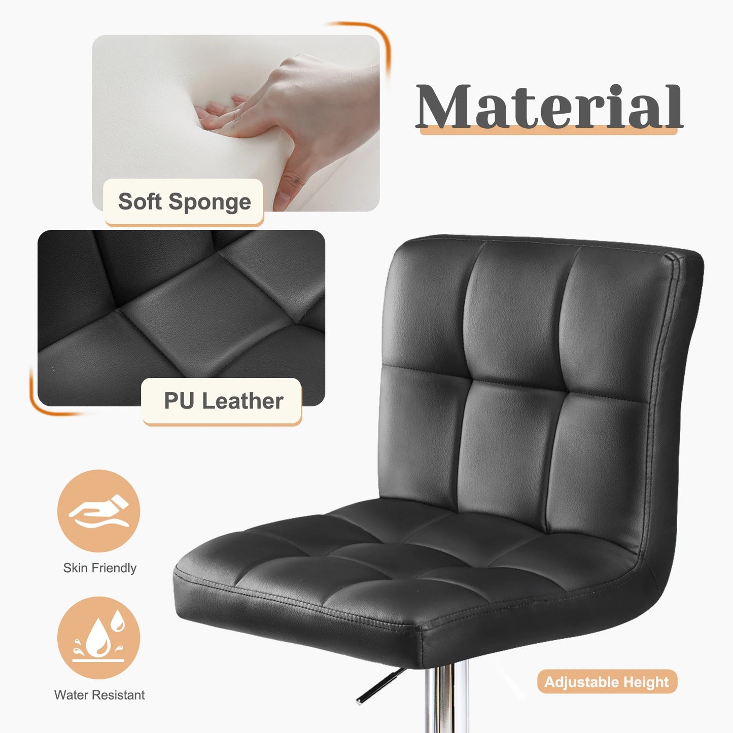 2 Leather Upholstered Bar Stools,  Comfortbale Backrest